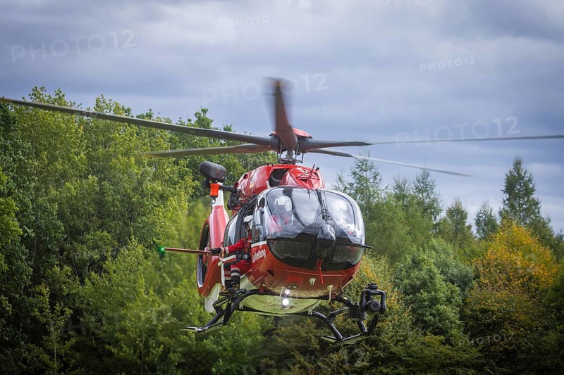 Winch rescue training of the rescue helicopter, Christoph 62, on the occasion of the 50th anniversary of the DRF Luftrettung. The rescue of casualties in the Elbe Sandstone Mountains will be practised