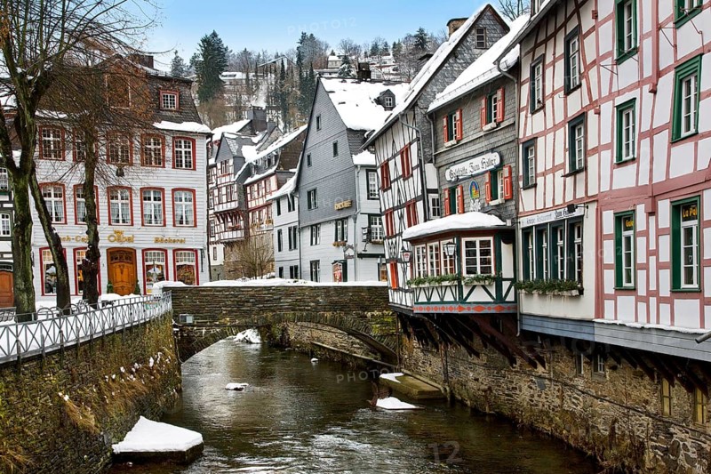 Historic half-timbered houses along the Rur near Monschau, Eifel, North Rhine-Westphalia, Germany, Europe