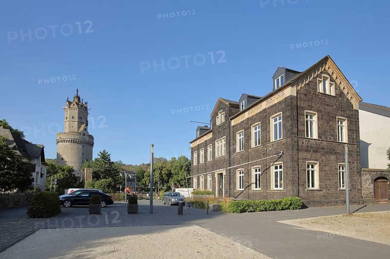 Cathedral square with historic round tower as landmark of Andernach, Rhineland-Palatinate, Upper Middle Rhine Valley, Germany, Europe