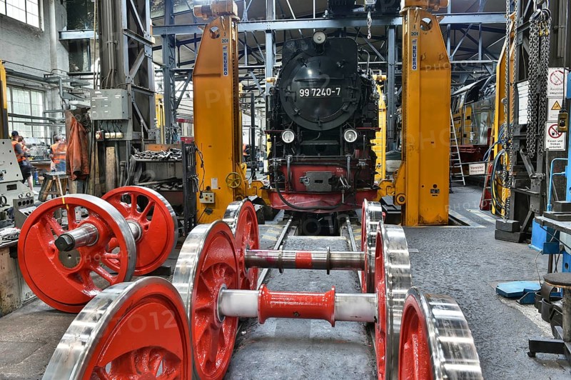 Steam locomotive of the Harz narrow gauge railway for maintenance in the workshop, Wernigerode, Saxony-Anhalt, Germany, Europe