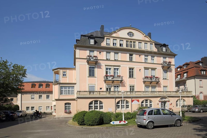 Baroque Art Nouveau villa and former sanatorium in Theresienstraße in Bad Kissingen, pink light, Rhön, Lower Franconia, Franconia, Bavaria, Germany, Europe