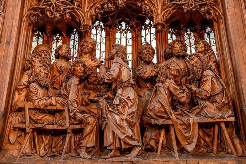 Last Supper, Detail, Holy Blood Altar from 1505, sculptor Tilman Riemenschneider, St.-Jakob Church, Rothenburg ob der Tauber, Romantic Road, Franconia, Bavaria, Germany, Europe