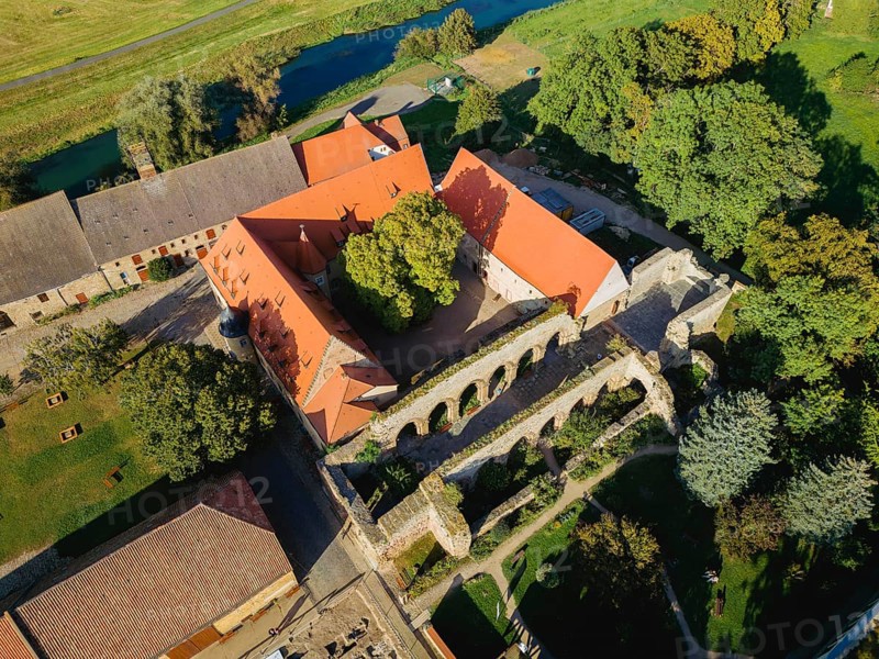 Aerial view of Memleben Monastery and presumed imperial palace, Memleben, Saxony-Anhalt, Germany, Europe