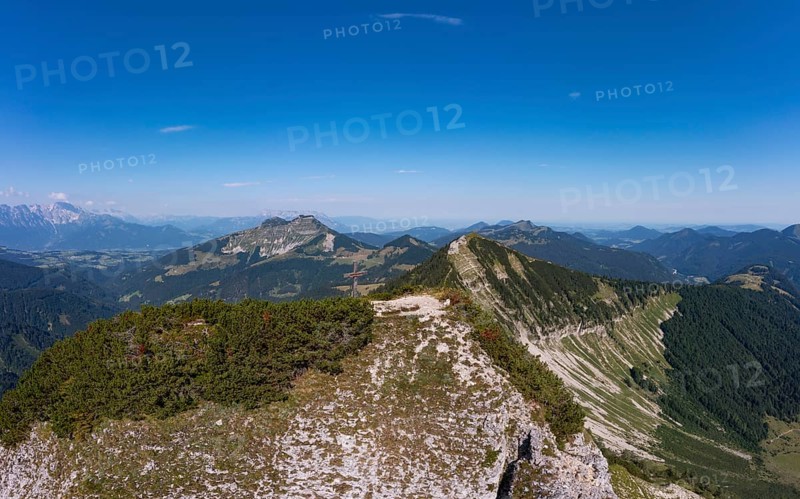 Drone shot, panorama shot, mountain landscape, Gruberhorn with Regenspitz, Osterhorngruppe, Salzkammergut, Land Salzburg, Austria, Europe