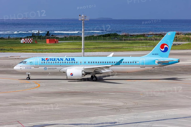 A Korean Air Airbus A220-300 aircraft with registration number HL8091 at Okinawa Airport (OKA) in Naha, Japan, Asia