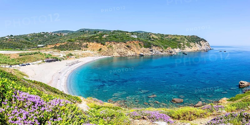 Xanemos beach holiday by the sea on the Mediterranean island of Panorama Skiathos, Greece, Europe