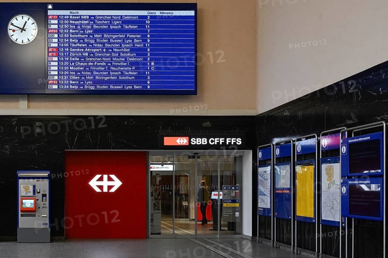 Station entrance SBB ticket counter Digital timetable, Biel, Switzerland, Europe