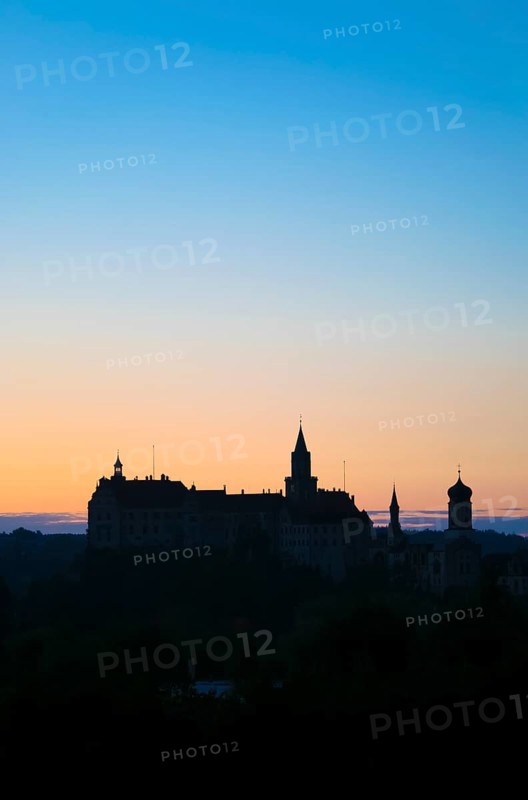 Hohenzollern Castle Sigmaringen, former princely residence and administrative centre of the Princes of Hohenzollern-Sigmaringen, city castle, architecture, historical building, west view, light mood, black silhouette, Sigmaringen, Upper Swabia, Baden-Württemberg, Germany, Europe