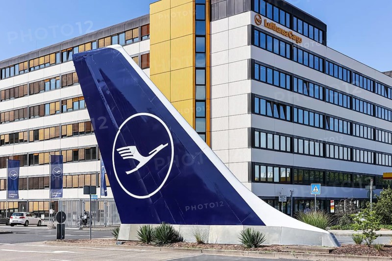 Aircraft tail unit at the Lufthansa base at Frankfurt Airport, Germany, Europe