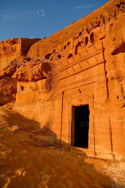 Nabataean tomb at Djabal Al-Ahmar in first daylight, Tomb of Hinat (IGN 117), Hegra or Madain Salih, AlUla region, Medina province, Saudi Arabia, Arabian Peninsula, Asia