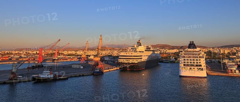 Evening light, ships, ferries, cruise ship, Europa 2, blue sky, harbour, Heraklion, capital, island of Crete, Greece, Europe