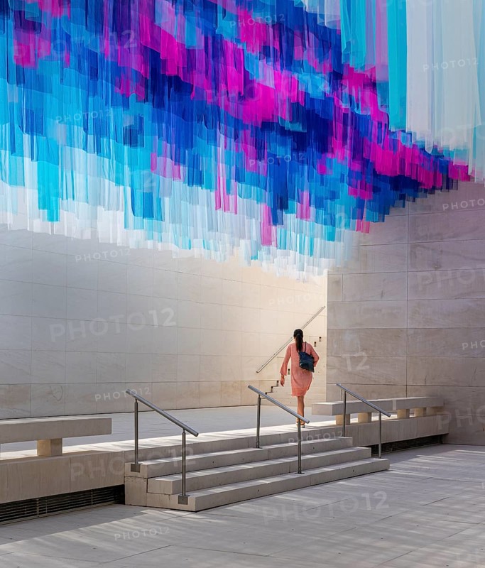 Colourful silk curtains at the CaixaForum, cultural centre in the former Fabrica Casaramona, Barcelona, Spain, Europe