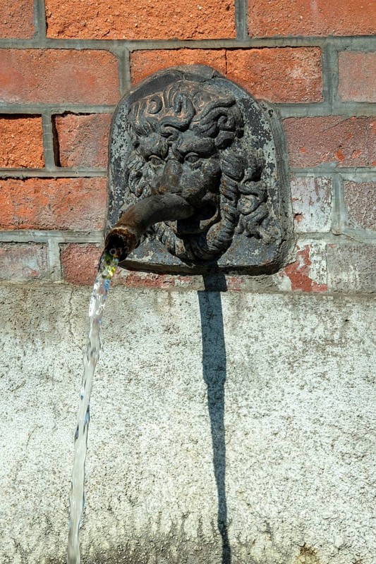 Fountain in the shape of a lion's head. Esteil village. Livradois-Forez Regional Nature Park. Puy de Dome department. Auvergne-Rhone-Alpes. France