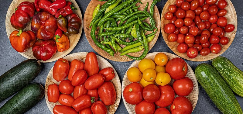 Multiple bowls, Healthy eating, Banner, Vegetables, snake cucumber (Cucumis sativus), Peppers (Capsicum), Tomatoes (Solanum lycopersicum), Courgettes, Background