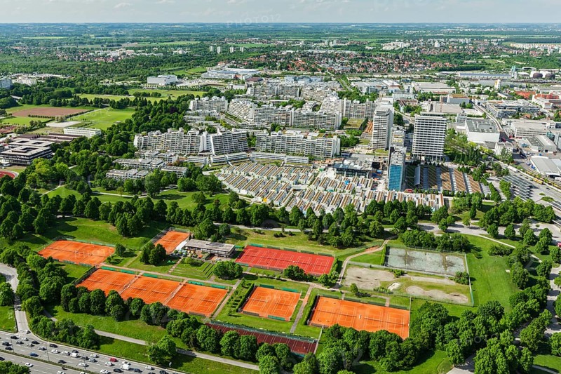 Aerial view of Munich Olympic village and tennis couts from Olympiaturm (Olympic Tower) . Munich, Bavaria, Germany, Europe