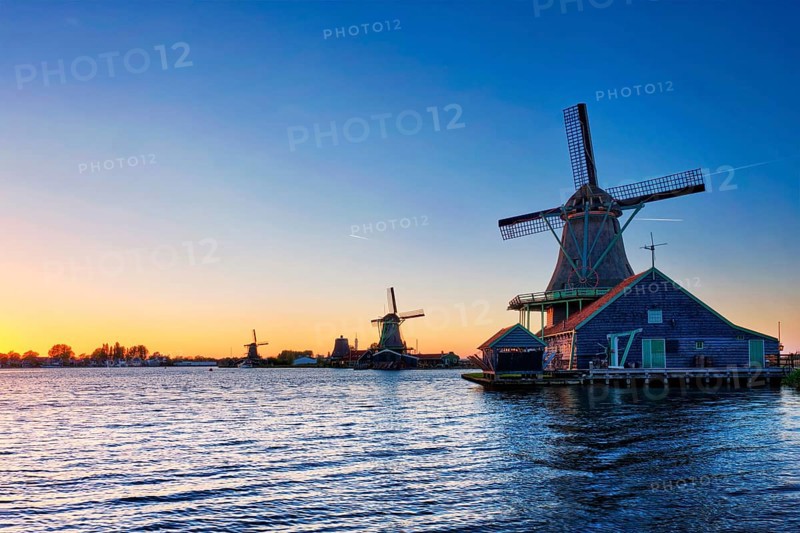 Netherlands rural lanscape, windmills at famous tourist site Zaanse Schans in Holland. Zaandam, Netherlands
