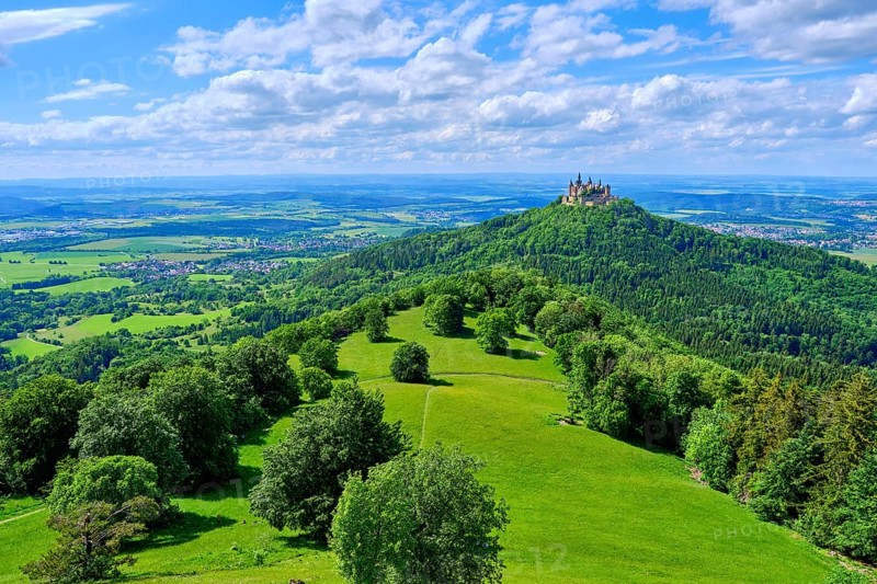 View of Hohenzollern Castle, the ancestral seat of the Hohenzollern dynasty, from the Zeller Horn on the Raichberg on the Zollernalb, Swabian Alb near Albstadt, Burladingen and Hechingen, Baden-Württemberg, Germany, Europe