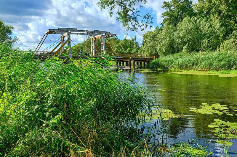 Listed wooden bascule bridge over the Trebel near Nehringen, Mecklenburg-Western Pomerania, Germany, Europe