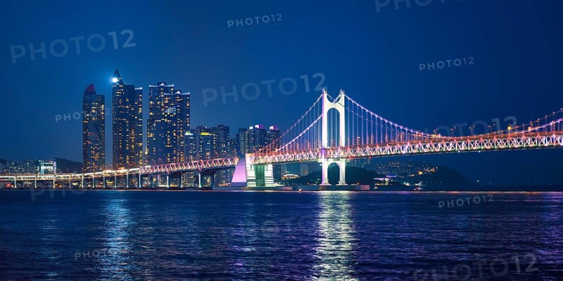 Panorama of Gwangan Bridge and skyscrapers illuminated in the night. Busan, South Korea, Asia
