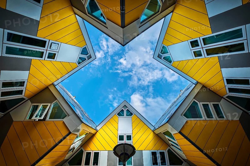 ROTTERDAM, NETHERLANDS, MAY 11, 2017: Cube houses, innovative cube-shaped houses designed by architect Piet Blom with idea to optimize space in Rotterdam, Netherlands now became a tourist attraction