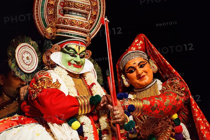 CHENNAI, INDIA, SEPTEMBER 8: Indian traditional dance drama Kathakali preformance on September 8, 2009 in Chennai, India. Performers plays Arjuna (pacha) and Subhadra characters