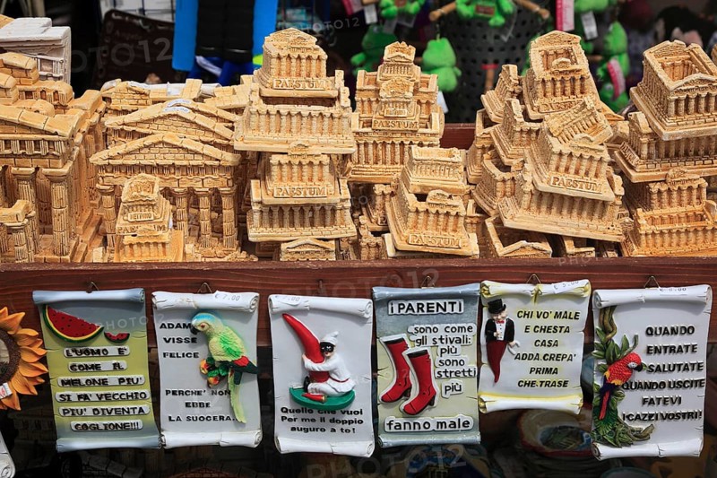 Souvenir sale at the archaeological site of Paestum, Campania, Italy, Europe
