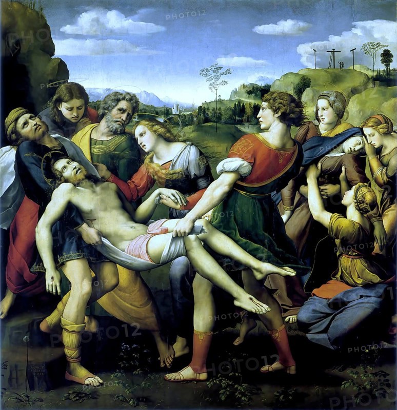 The Entombment of Christ is an altarpiece by the Italian Renaissance artist Raphael from 1507. The painting, together with other works by Raphael, formed the central part of an altar in the church of San Francesco al Prato in Perugia, Historic, digitally restored reproduction of an original artwork from the period, exact original date unknown