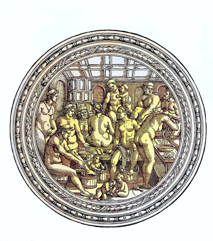 Im Frauenbade, bath house, Badeanstalt, woodcut by H.S.Beham, 18th century eroticism, Historic, digitally restored reproduction of an original 19th century print, exact original date unknown