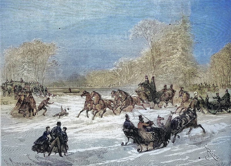 Sleigh Rides in Bois de Boulogne, Horse-drawn Sleighs and Skaters on the Frozen River, 1869, France, Historic, digitally restored reproduction of a 19th century original, exact original date unknown, Europe