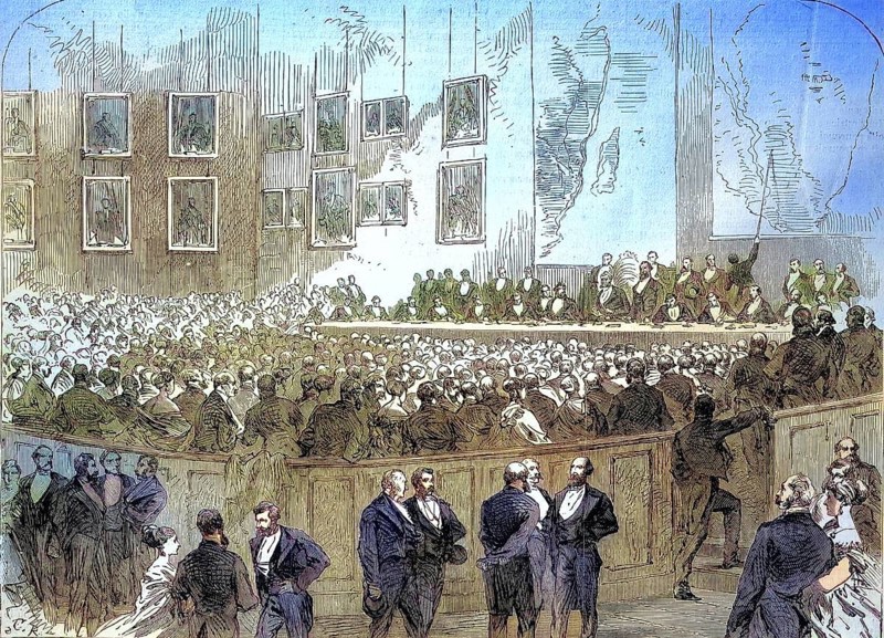 Societe Geograpique de Londres, Geographical Society of London, Presentation of the Description of Doctor Livingstone's Journey through the Interior of Africa, 1865, England, Historic, digitally restored reproduction of a 19th century original, exact original date unknown