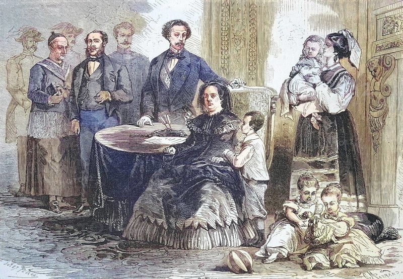 Isabella II. Maria Luisa, Isabel de Borbon y Borbon-Dos Sicilias or Isabel II de Espana (10 October 1830 to 1904), Queen of Spain visiting the Chateau de Pau, 1869, France, Historic, digitally restored reproduction of a 19th century original, exact original date unknown, Europe