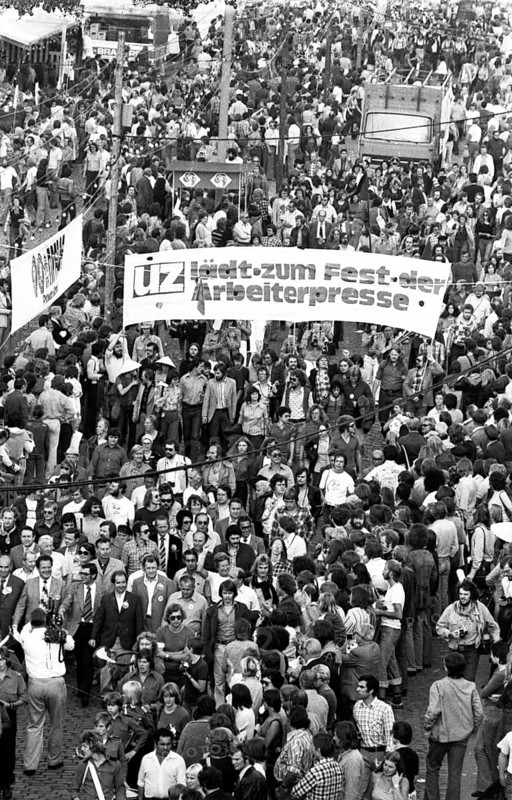 Politics, discussion, folklore, dance, song and play are the ingredients of the DKP's UZ festival in the Rhine meadows on 19.9.1975 with star guest Valentina Tereshkova (USSR cosmonaut) in Düsseldorf, Germany, Europe