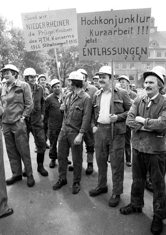 Steelworkers at the Thyssen works in Duisburg took to the streets out of concern for their jobs on 22.05.1975 in Duisburg, Germany, Europe
