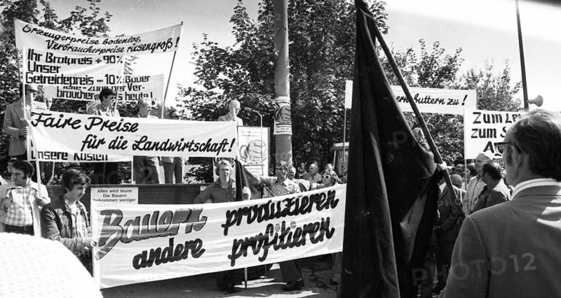 Farmers marched with their tractors to a protest in Aachen on 17.9.1974 to demonstrate against low producer prices, Germany, Europe