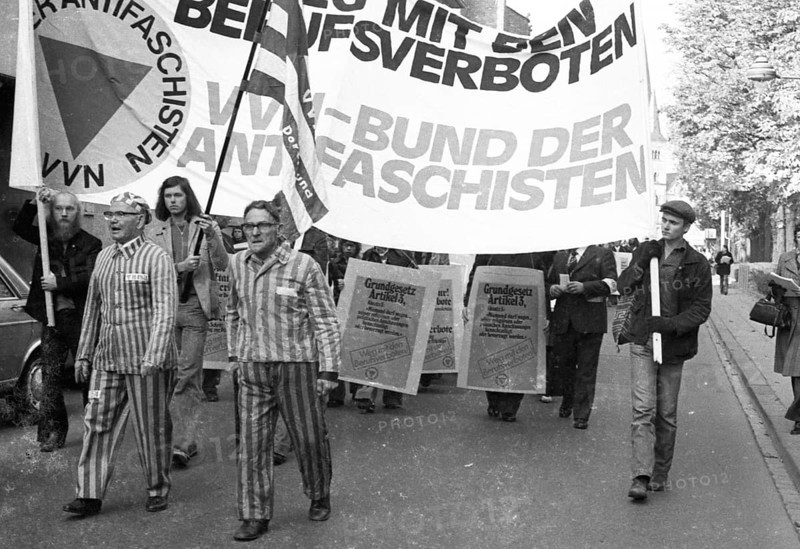 Nazi victims, some in concentration camp uniforms, demonstrated against the occupational bans caused by the Radical Decree on 23 October 1975 in Bonn. The call was made by the Association of Persecuted Persons of the Nazi Regime (VVN), Germany, Europe