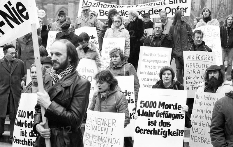 Organisations of French Jews and German Nazi victims demonstrated for a condemnation of Gestapo and SS man Kurt Lischka, who was responsible for the deportation of 76, 000 Jews in France during the war, in Cologne, Germany, 31 January 1980, Europe