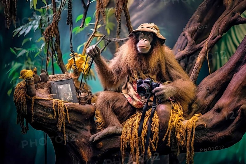Brown Howler Monkey sitting on a branch in the rain forest with a hat and a camera in the hand, AI Generated