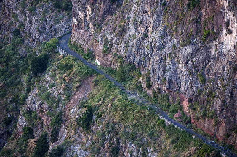 Road blocked by quarries in the Nun's Valley, Curral das Freiras, view from Eiro do Serrado, Madeira, Portugal, Europe