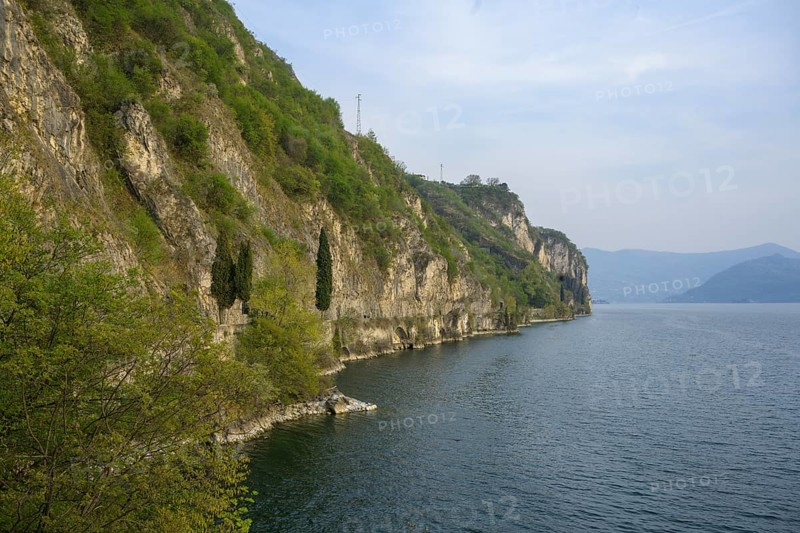 Beautiful cycle path along the eastern shore of Lake Iseo, Province of Brescia, Italy, Europe
