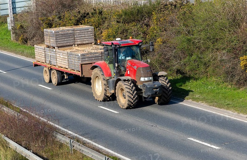 CASE 165 tractor with trailer carrying seed potatoes, A12, Suffolk, England, UK