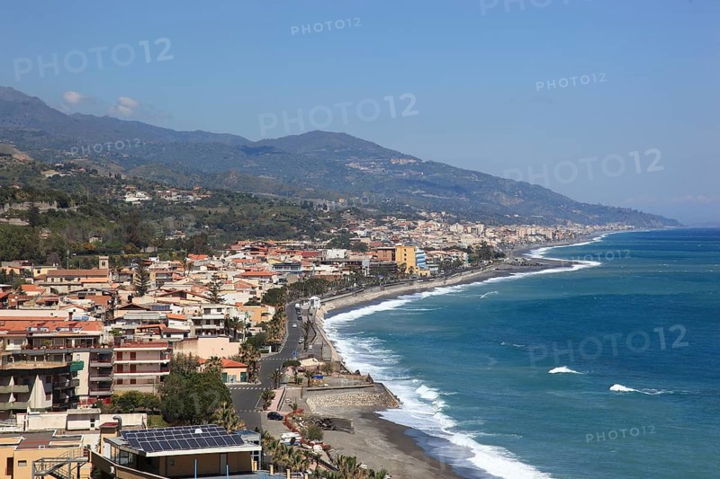 View from Taormina to the coast near Letojanni, Sicily, Italy, Europe