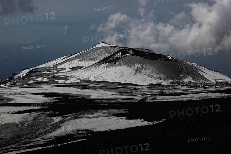 Etna, volcanic landscape at the secondary crater of Etna, Etna with snow, Sicily, Italy, Europe