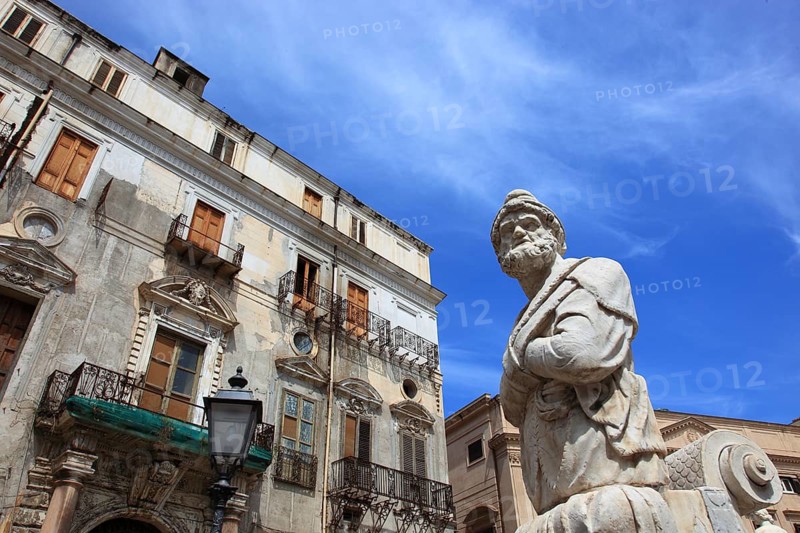 Old Town of Palermo, a statue of the Mannerist fountain Fontana Pretoria in Piazza Pretoria, Sicily, Italy, Europe