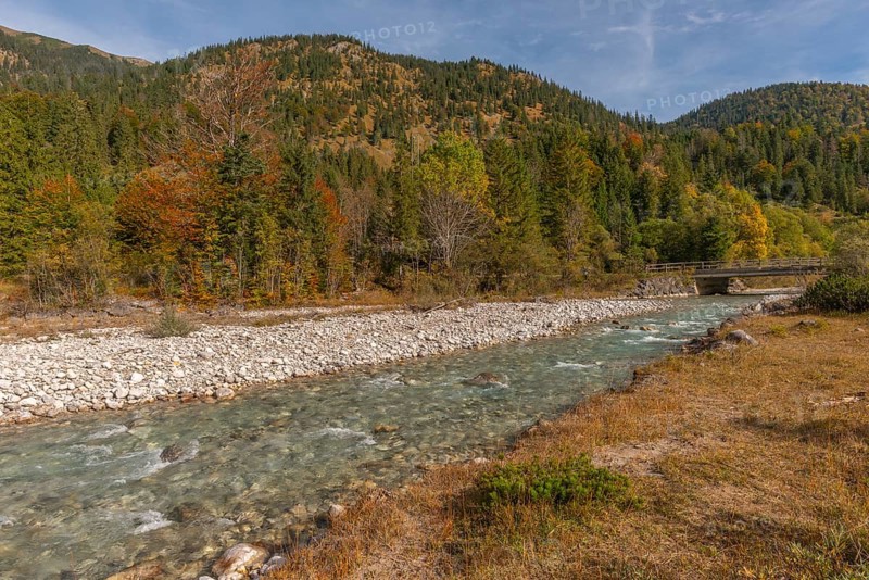 Bridge over the Rißbach in Rißtal, riverbed with scree, Karwendel nature park Park in autumn, Tyrol, Austria, Europe