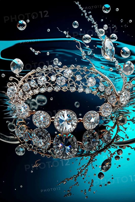 Pearl necklace in the water with splashes, drops and reflections, AI generated
