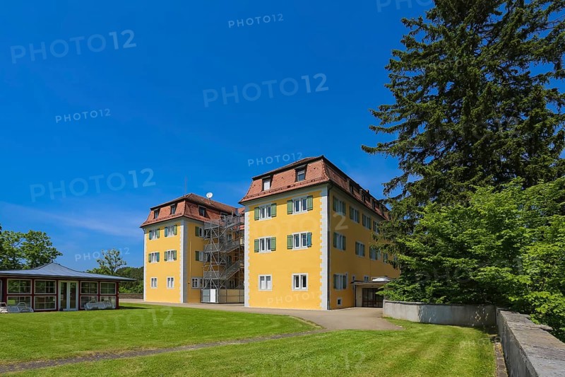 Grafeneck Castle, former hunting lodge of the Dukes of Württemberg around 1560, later summer residence of Duke Carl Eugen von Württemberg, Grafeneck killing centre during the Third Reich, today home for the disabled run by the Samaritan Foundation and memorial site, documentation centre, historical building, architecture, external fire escape, fire safety regulations, Gomadingen-Grafeneck, Swabian Alb, Baden-Württemberg, Germany, Europe