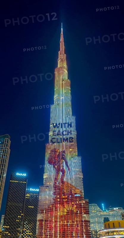 Night shot, illuminated advertising at the Burj Khalifa, Downtown, Dubai, United Arab Emirates, Asia