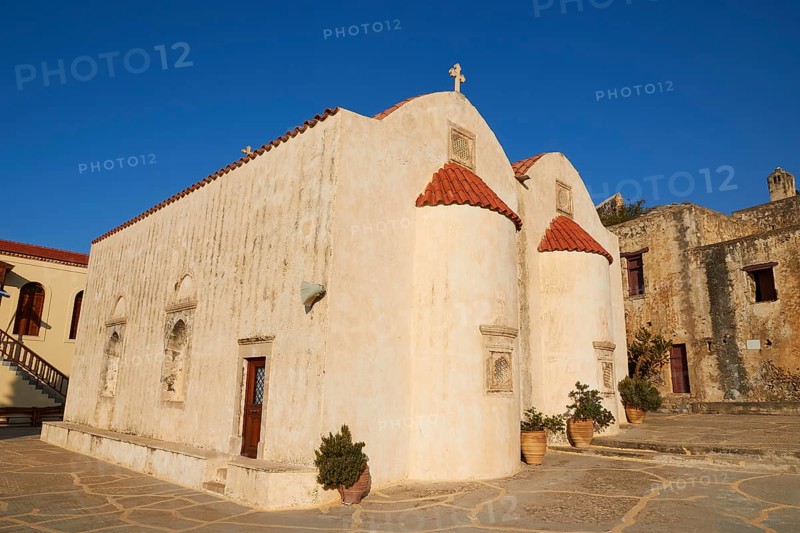 Super wide angle, Two-nave chapel, Red tiled roofs, Cloudless blue sky, Preveli, Orthodox monastery, South coast, Rethimnon province, Crete, Greece, Europe