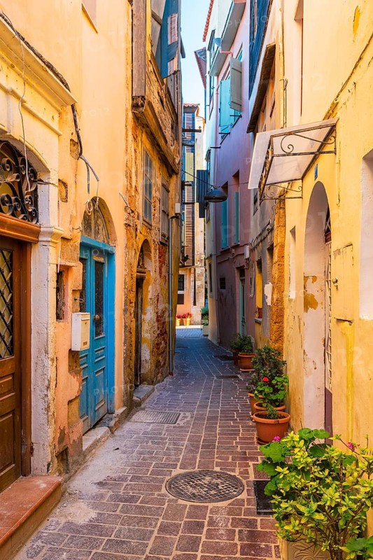 Scenic picturesque streets of Chania venetian town with coloful old houses. Chania greek village in the morning. Chanica, Crete island, Greece, Europe