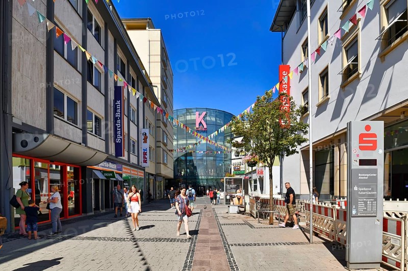 Kaiserslautern, Germany, August 2022: Shopping street called 'Fackelstrasse' with people and shopping center called 'K' in city center, Europe